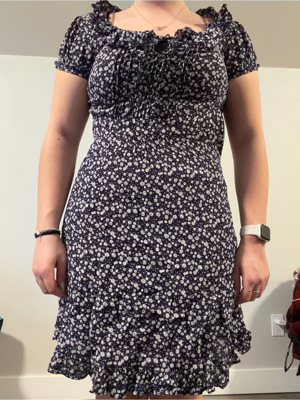 Y2K Floral Ruffle-Trim Navy Dress